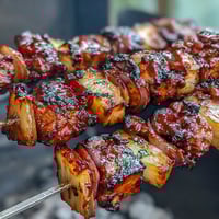 Juicy BBQ chicken skewers with sweet pineapple and red onion, grilled to perfection and brushed with smoky sauce.  