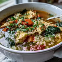 Hearty one-pot chicken and rice soup with tender chicken, vegetables, and rice in a savory broth, perfect for a comforting dinner.  