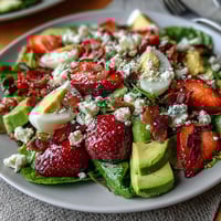 Spring Cobb Salad with Strawberries and Avocado - a colorful mix of juicy strawberries, creamy avocado, crisp vegetables, and tangy feta on fresh greens.