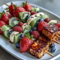 Festive Fourth of July fruit skewers with strawberries, bananas, and blueberries arranged in patriotic red, white, and blue colors.