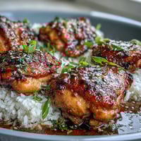 Slow-cooked chicken in sweet honey garlic sauce served over fluffy rice for a comforting dinner.  