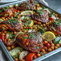 Vibrant harissa chicken traybake with roasted chickpeas and colorful bell peppers on a sheet pan.  
