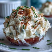 Deviled eggs filled with creamy crab meat and topped with zesty Old Bay seasoning for a flavorful appetizer.