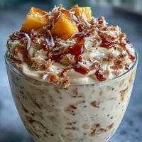 Creamy mango coconut chia smoothie in a tall glass, garnished with fresh mango cubes and coconut flakes, perfect for a tropical breakfast.