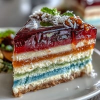 Bright Agar-Agar Rainbow Jelly Cake with fluffy coconut cream topping.